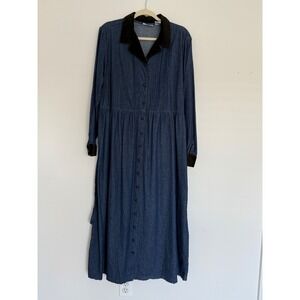 Vintage Blair Women's Denim Black Velour Trim Dress Large Cottage Core Trad Wife